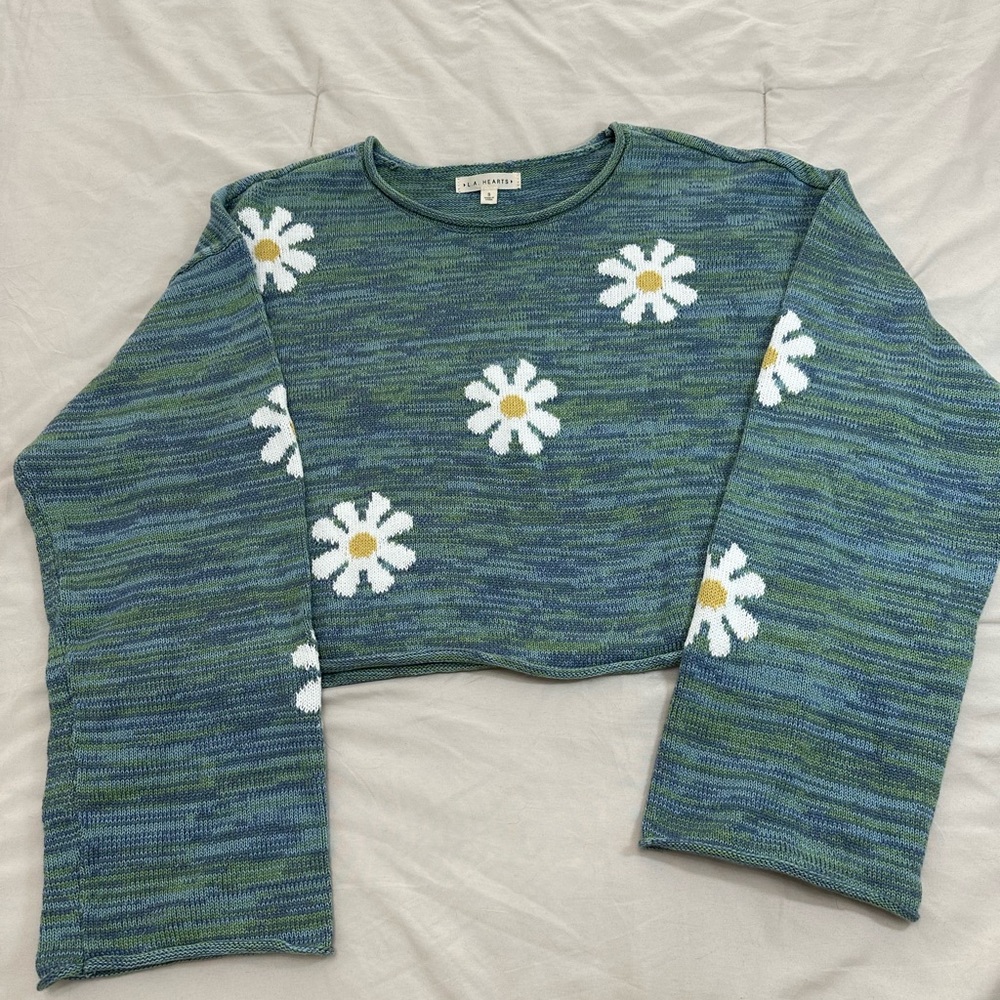Pacsun L.A. Hearts Blue/Green Cropped Sweater With Daisies Size Small